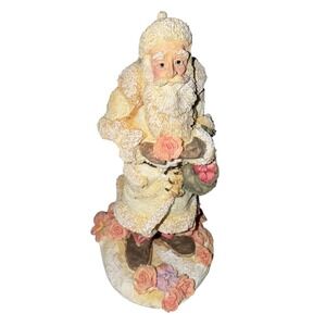 Jolly Old Elf Santa Claus Figurine Flowers Basket Gifts Holding Roses Cream